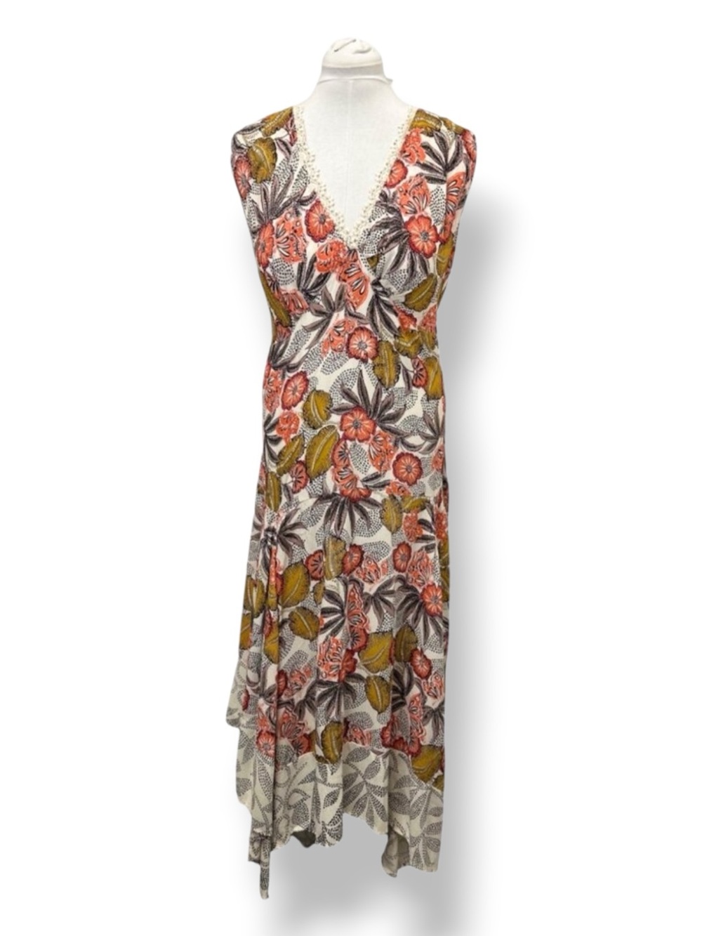 Sky And Sand Women’s Sleeveless Asymmetrical Floral Maxi Dress Ivory/Orange  1X
